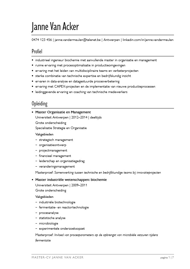 Eerste pagina van het master-cv van Janne Van Acker
