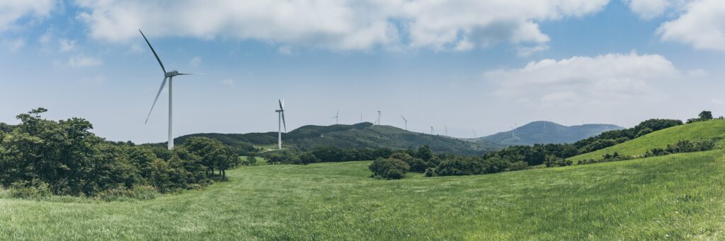 Wind turbines in a green field.
